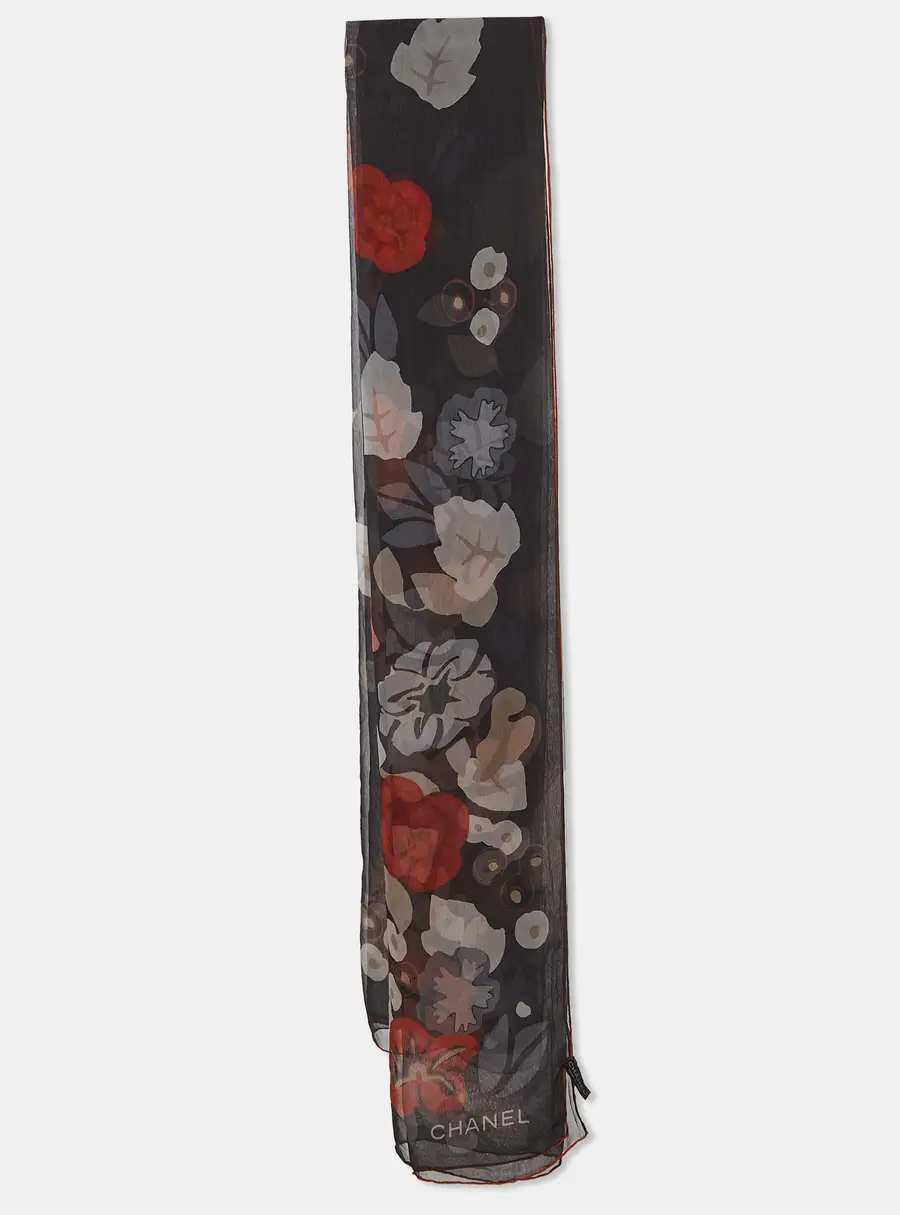 Chanel Black Floral Print Silk Scarf