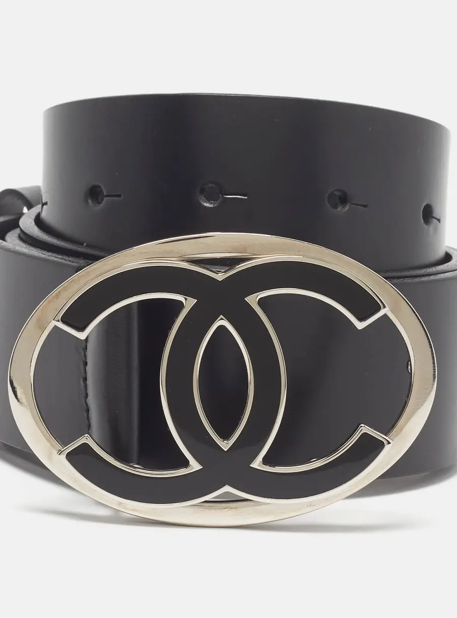 Chanel CC Enamel 90 CM Buckle Belt Black Leather