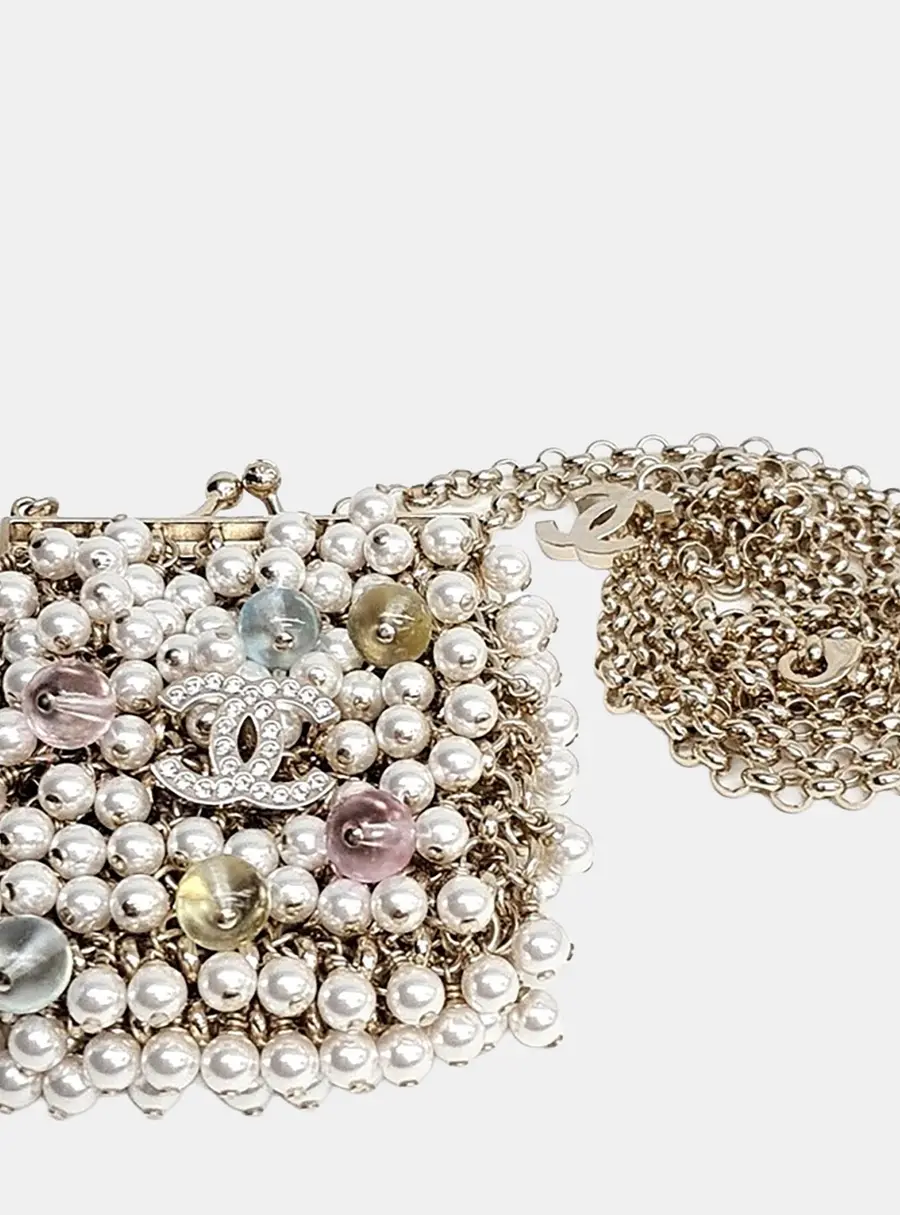 Chanel CC Gold Crystal Pearl Mini Pouch Necklace