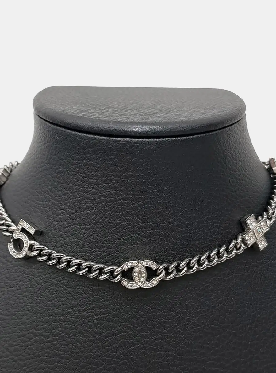 Chanel CC Silver Crystal Chain Necklace