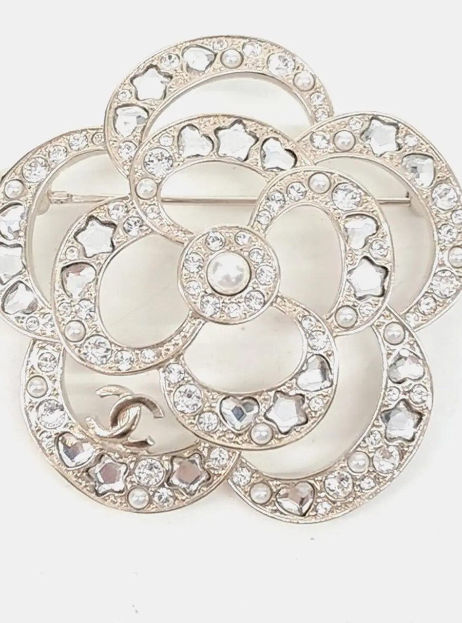 Chanel Camellia Silver Crystals Brooch