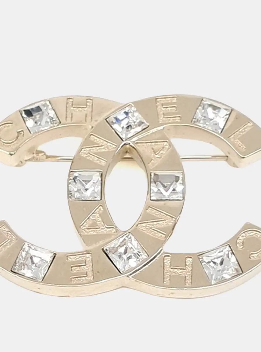 Chanel CC Logo Gold Crystal Brooch