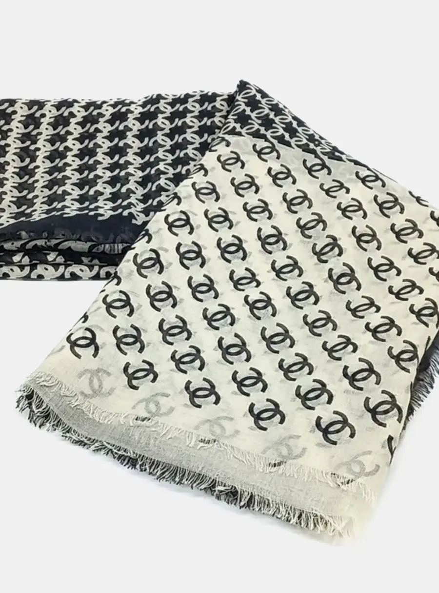 Chanel Black Cream Cashmere Shawl and Scarf
