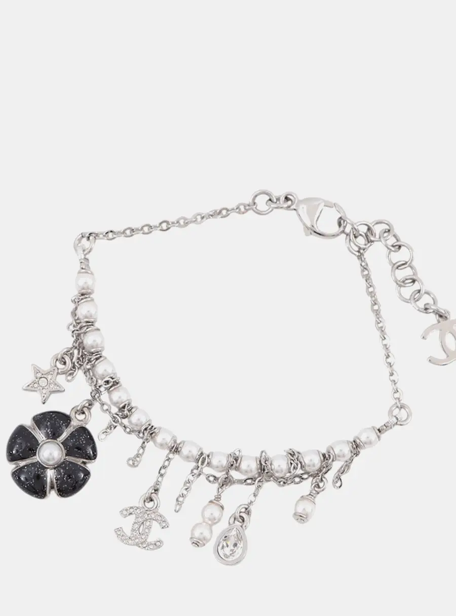 Chanel Bag Charm Bracelet Silver Metal Rhinestone Faux Pearl Resin