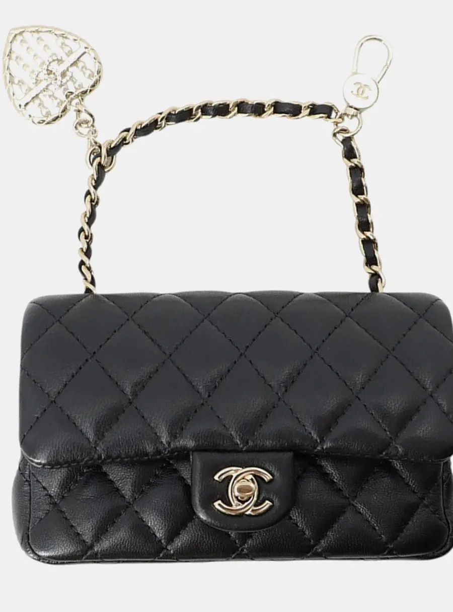 Chanel Matelasse Classic Mini Bag Bag Charm Black Lambskin Faux Pearl Rhinestone