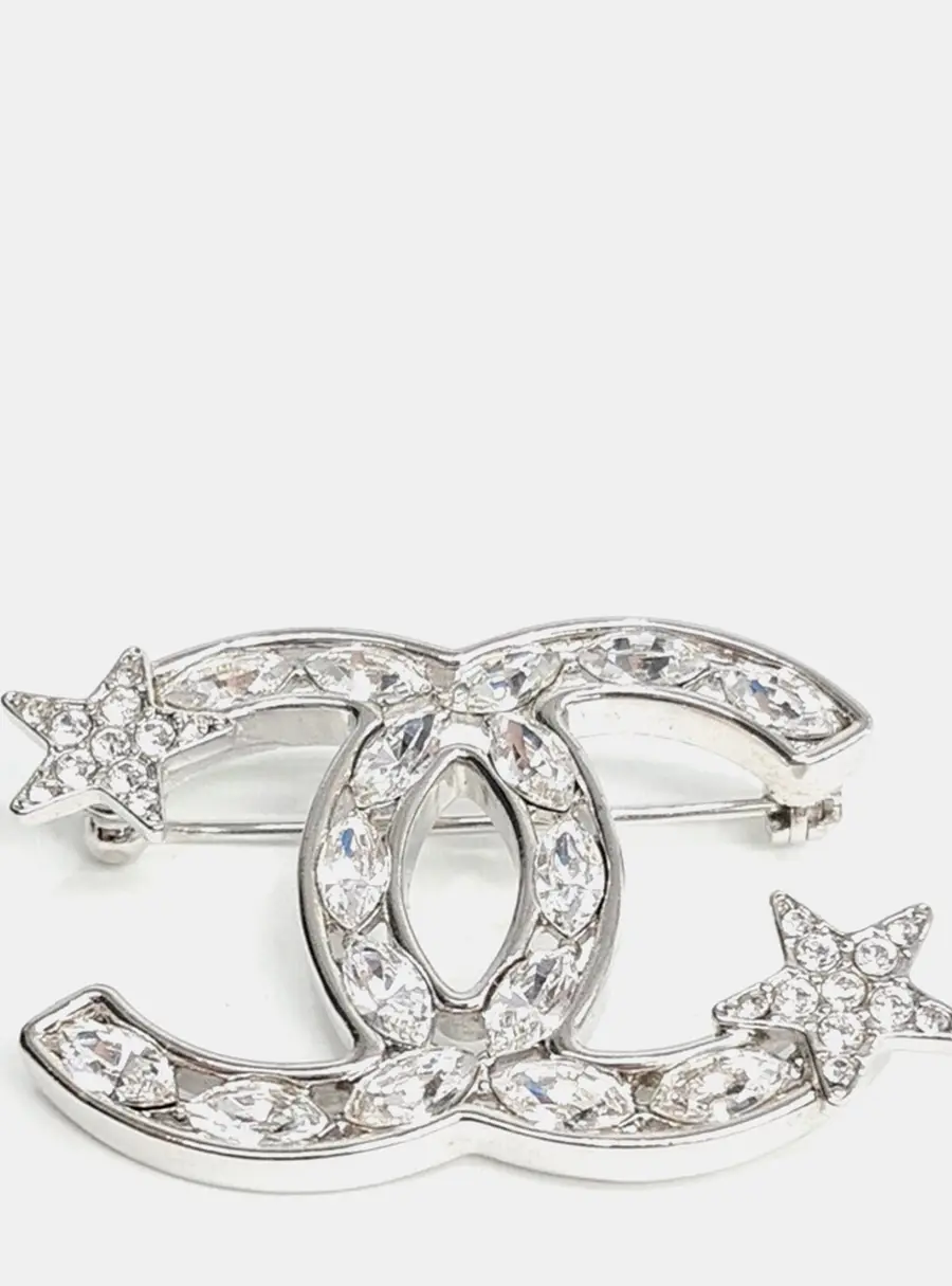 Chanel Silver Tone Logo Brooch