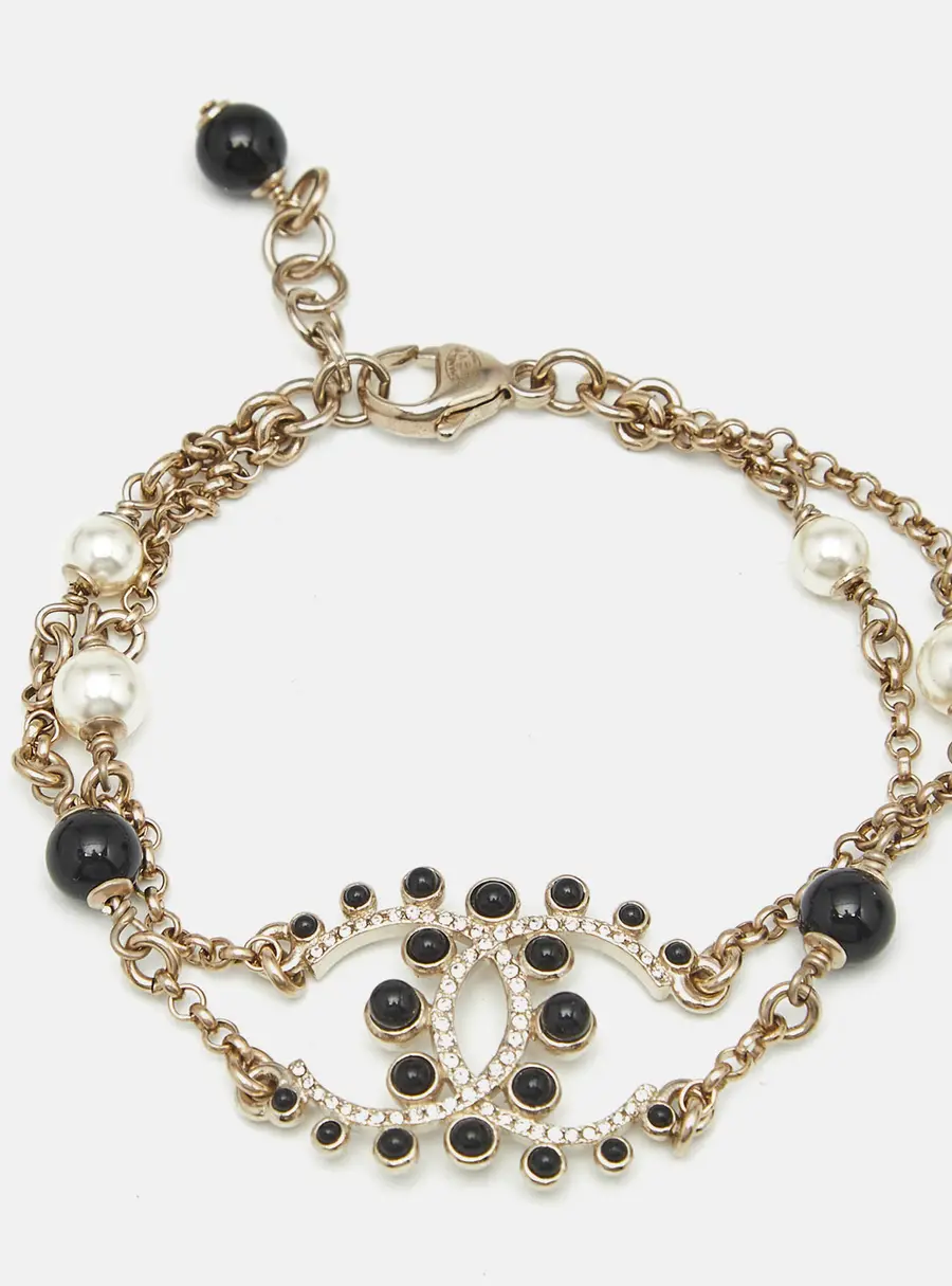 Chanel CC Beads Faux Pearl Crystals Gold Tone Bracelet