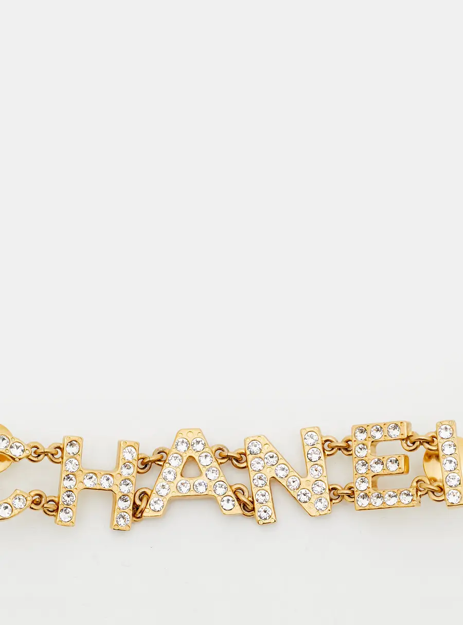 Chanel Letter Logo Crystals Gold Tone Brooch
