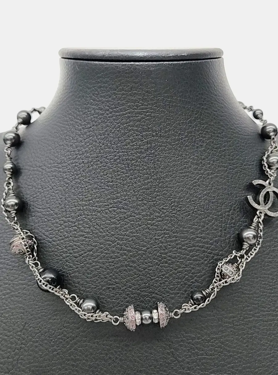 Chanel CC Crystals, Gunmetal, Pearls Necklace