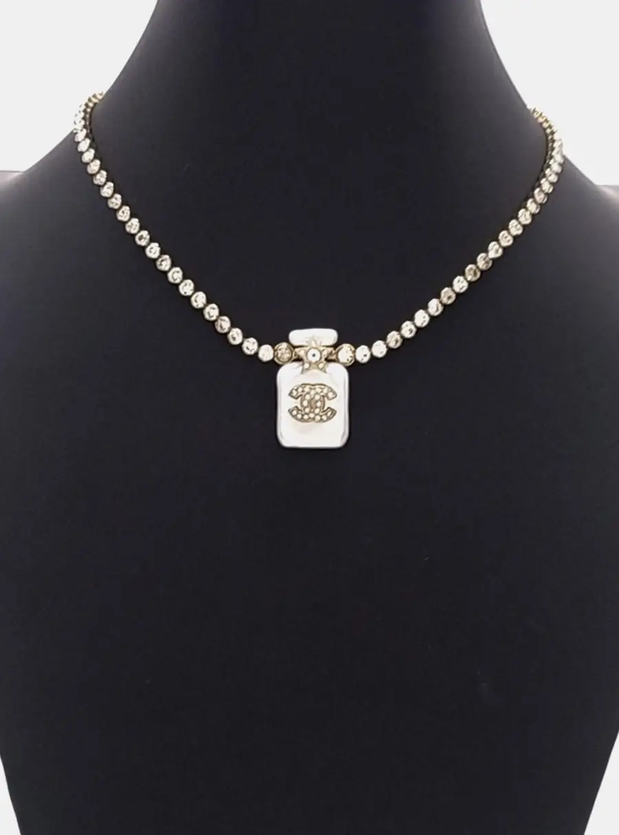 Chanel CC Mark Perfume Bottle Silver Necklace