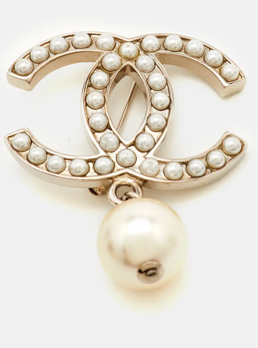 Chanel CC Faux Pearls Gold Tone Brooch