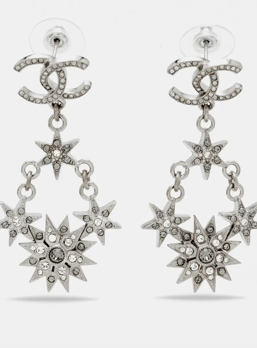 Chanel CC Starburst Chandelier Crystal  Silver Tone Drop Earrings