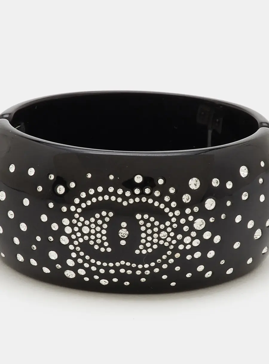 Chanel CC Crystals Silver Tone Hinged Bangle Bracelet