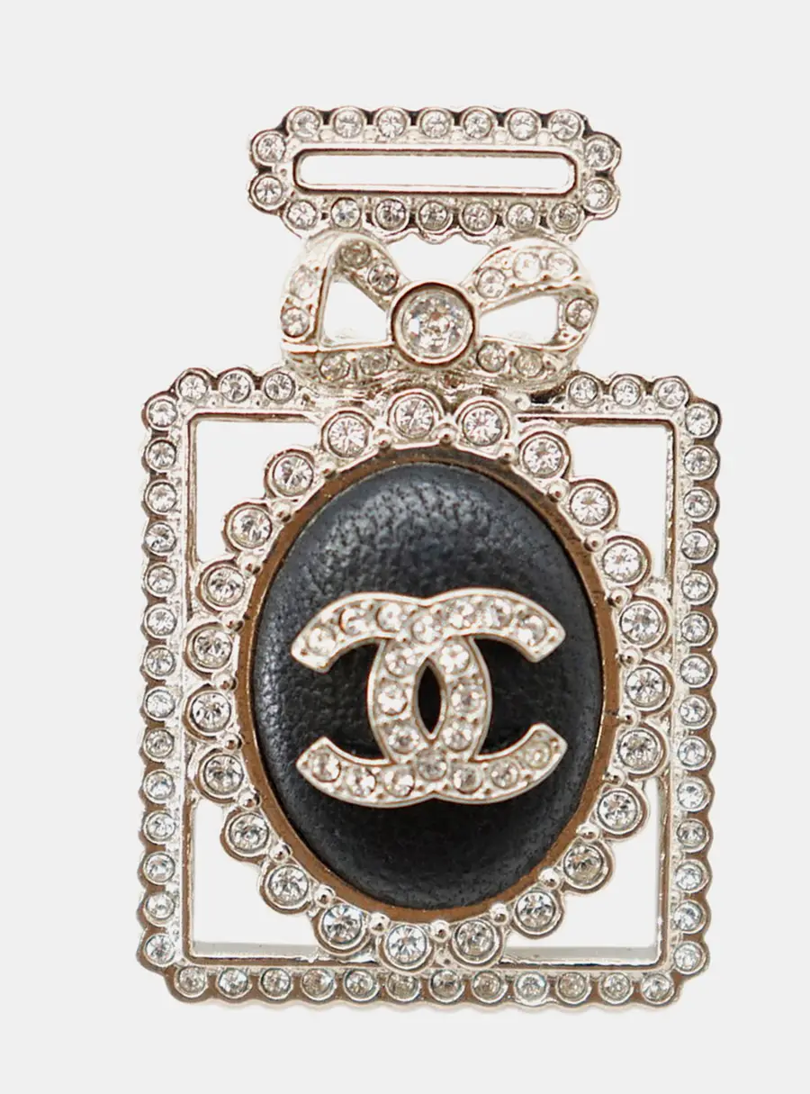 Chanel Perfume Motif Bottle Brooch Black Metal Rhinestone Leather