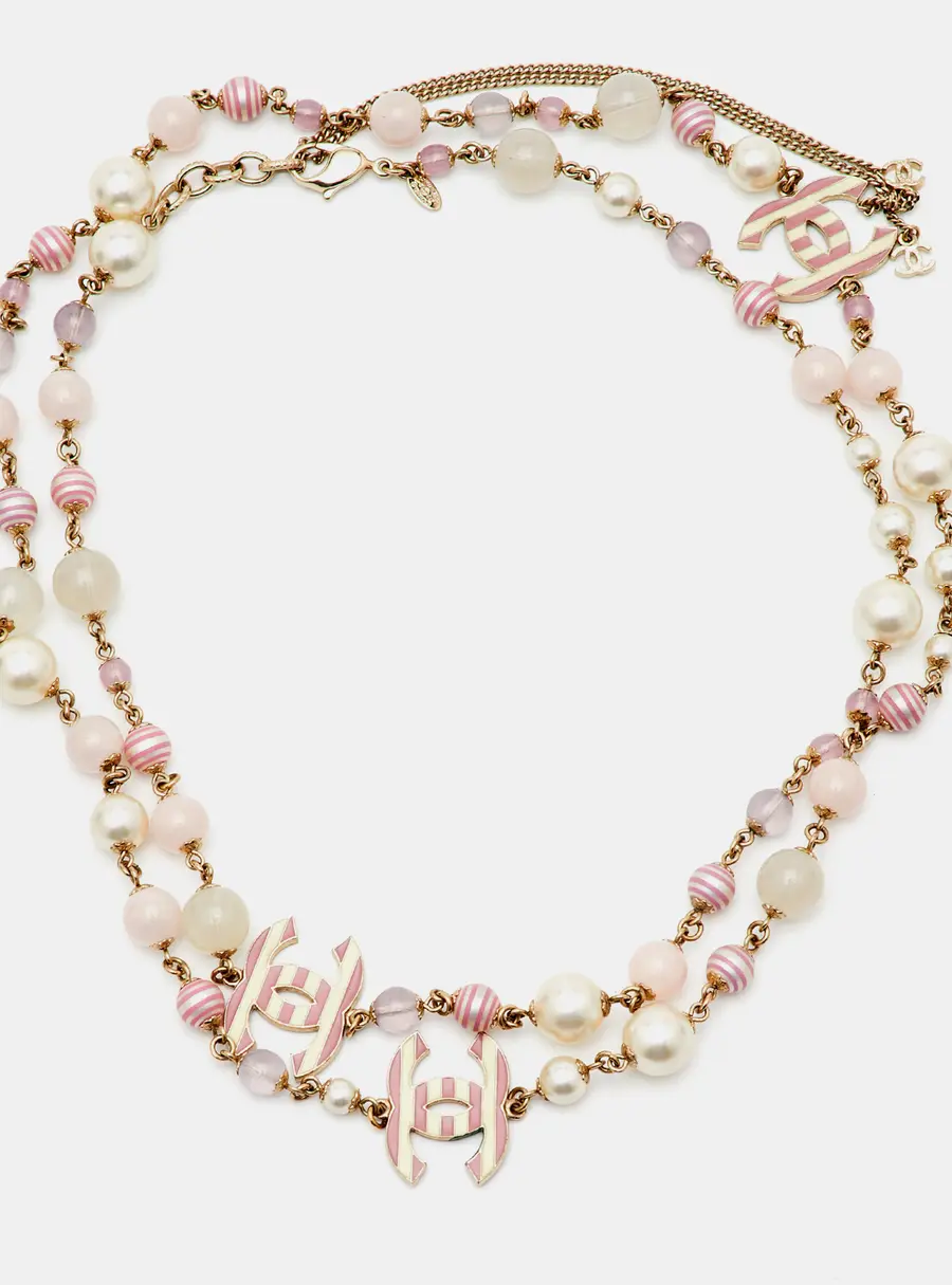 Chanel CC Pink Enamel Striped Faux Pearl Beads Long Station Necklace