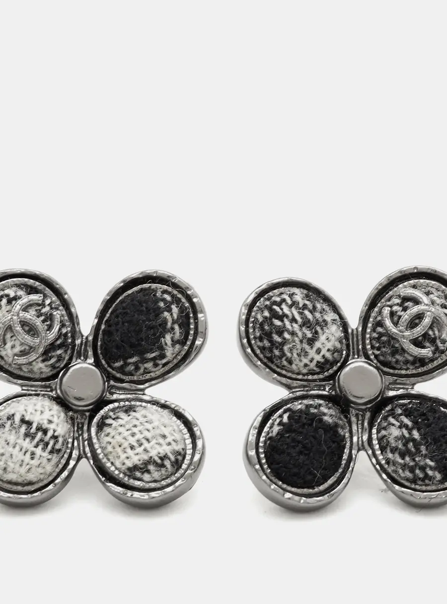 Chanel CC Tweed Accent Floral Gunmetal Tone Stud Earrings