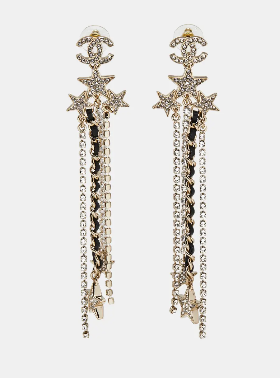 Chanel CC Star Crystals Leather Gold Tone Drop Earrings