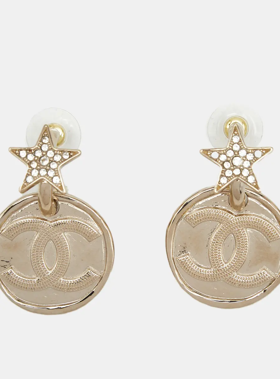 Chanel CC Star Crystals Gold Tone Earrings