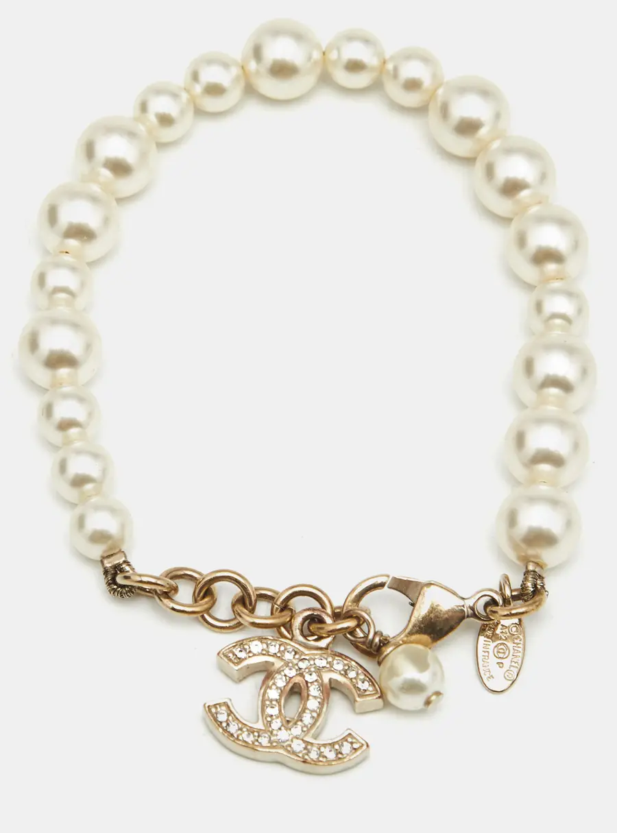 Chanel CC Crystals Faux Pearl Gold Tone Bracelet
