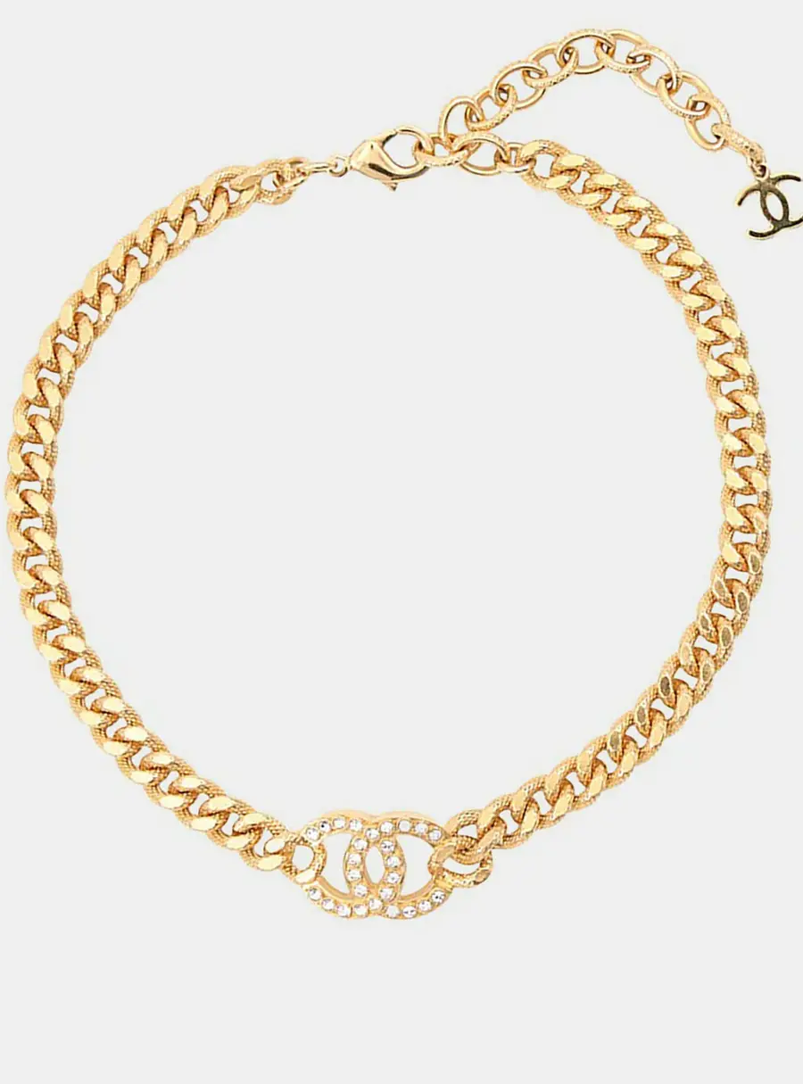 Chanel Cc Logo Choker Gold Metal Rhinestone
