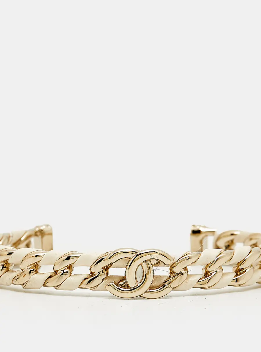 Chanel CC Leather Enamel Gold Tone Cuff Bracelet M