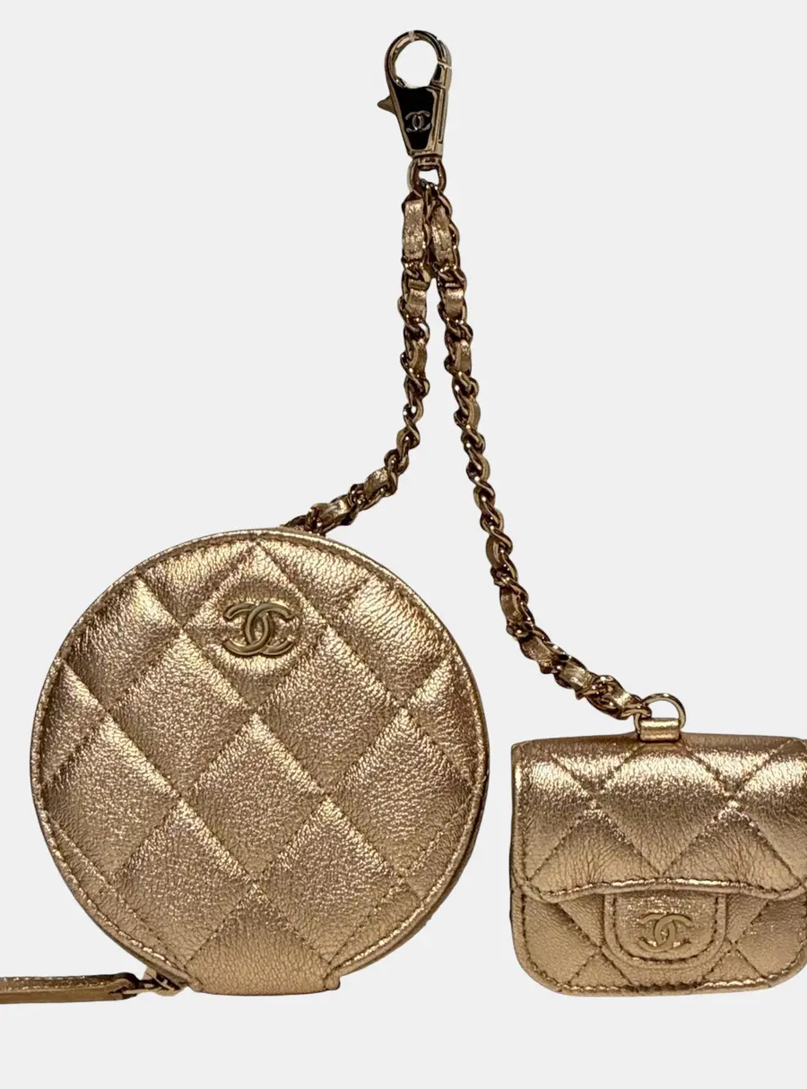 Chanel VIP Metallic Round Quilted And Earpod Holder Pouch Bag Charm