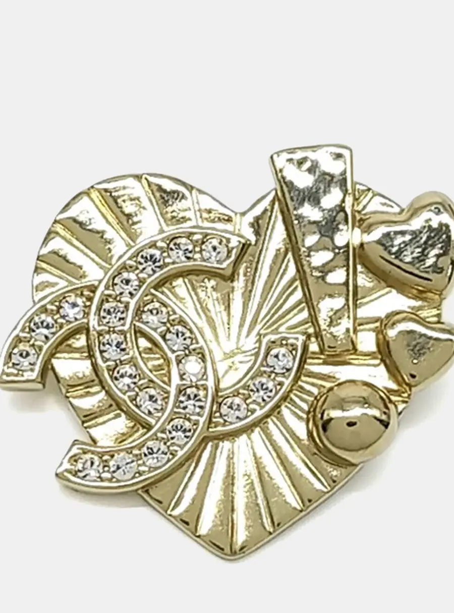 Chanel CC Heart Gold Crystal Brooch