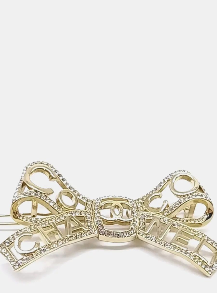Chanel CC Gold Crystals Ribbon Hairpin