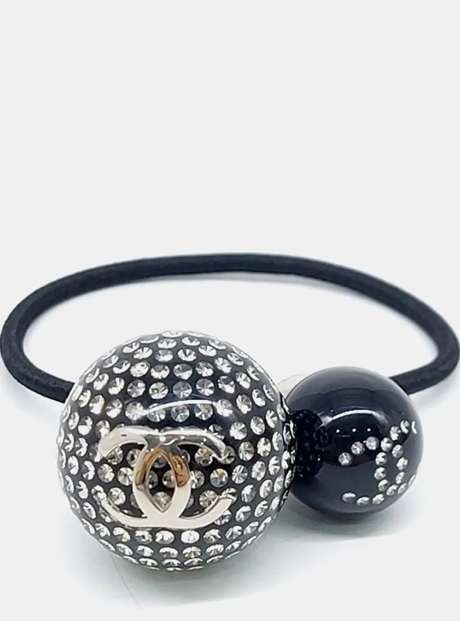 Chanel CC Black/Silver Elastic Rhinestone Hairband
