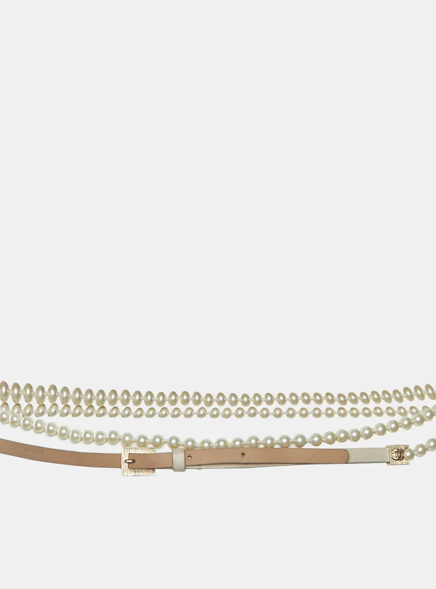 Chanel 80CM Beige Leather and Faux Pearl Ribbon CC Slider Waist Belt