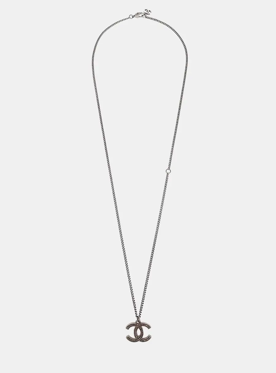 Chanel CC 15P Strass Silver Tone Metal Pendant Necklace