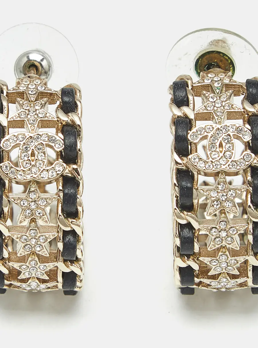 Chanel CC  Star Crystals Leather Gold Tone Earrings