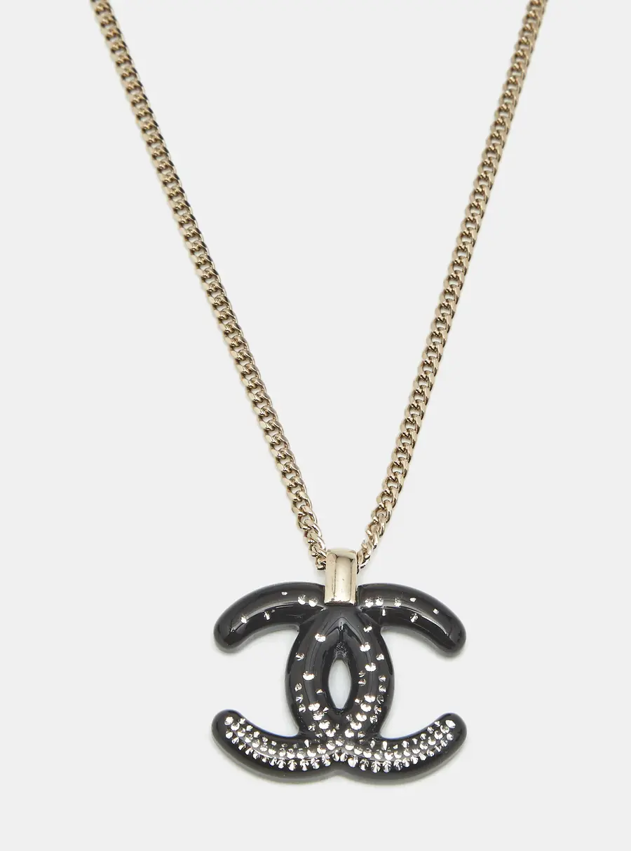 Chanel CC Resin Crystals Gold Tone Pendant Necklace
