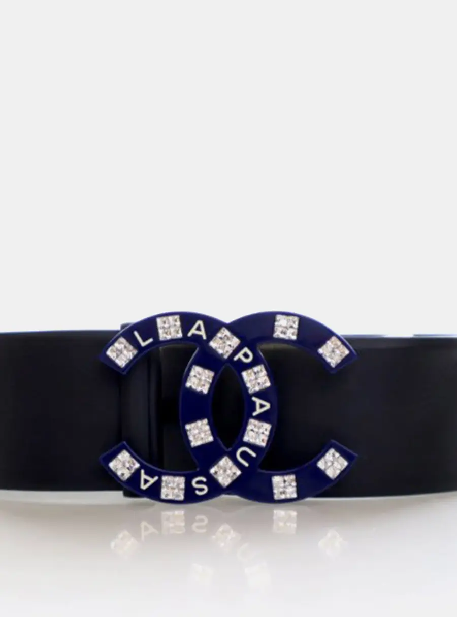 Chanel La Pausa Cruise 2019 CC 85/34 Black Dodger Blue Plexiglass Crystal Smooth Calfskin Leather Waist Belt