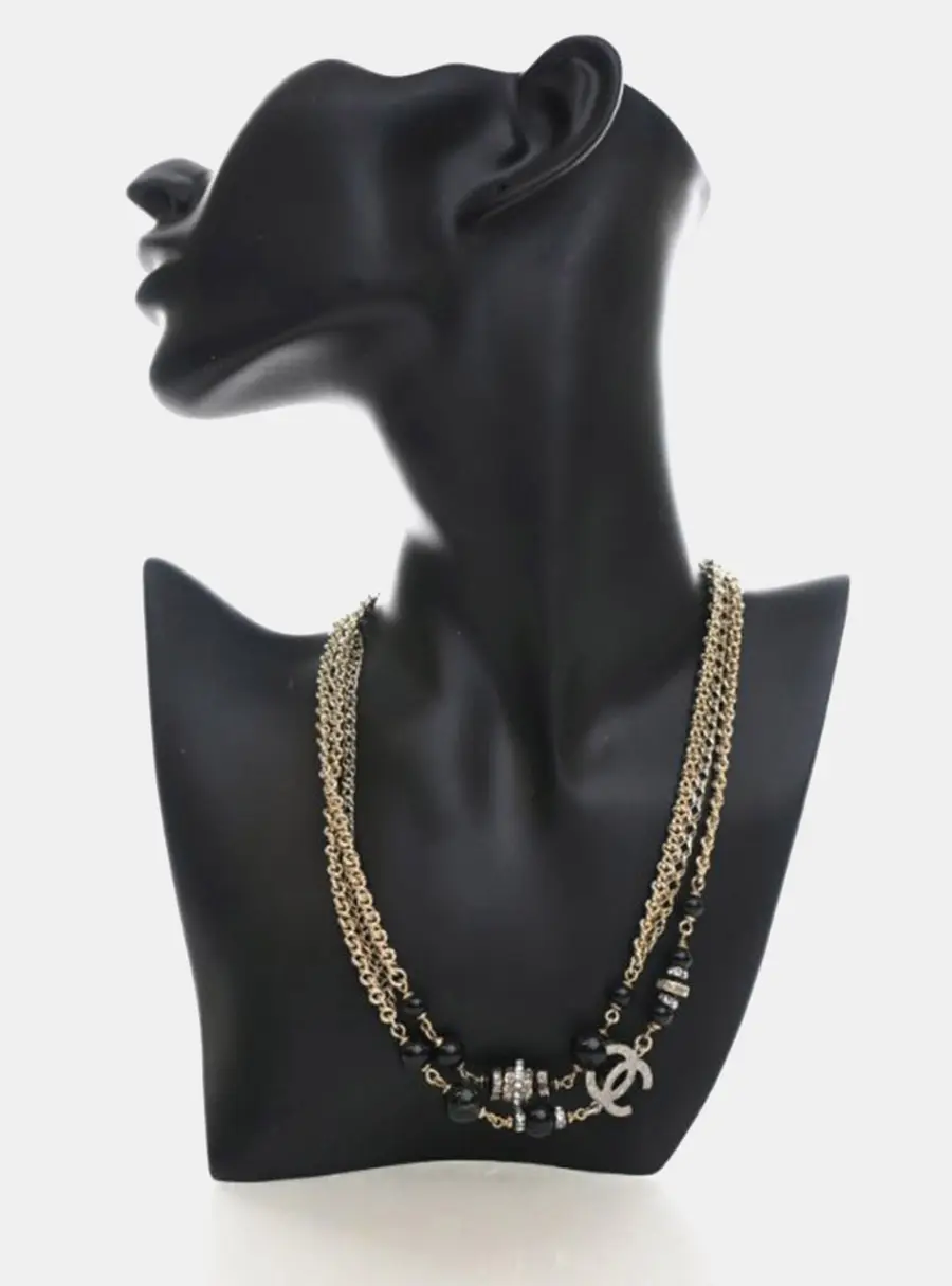Chanel CC Black Bead Multi Layered Long Gold Metal Costume Necklace