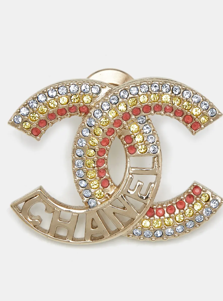 Chanel CC Crystal Rainbow Gold Tone Brooch Pin