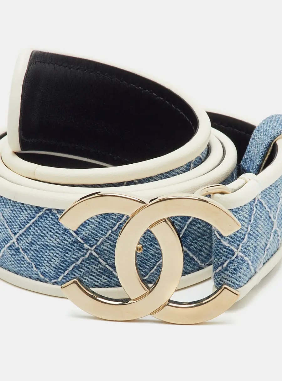 Chanel CC Logo 75CM Blue/White Quilted Denim and Leather Waist Belt