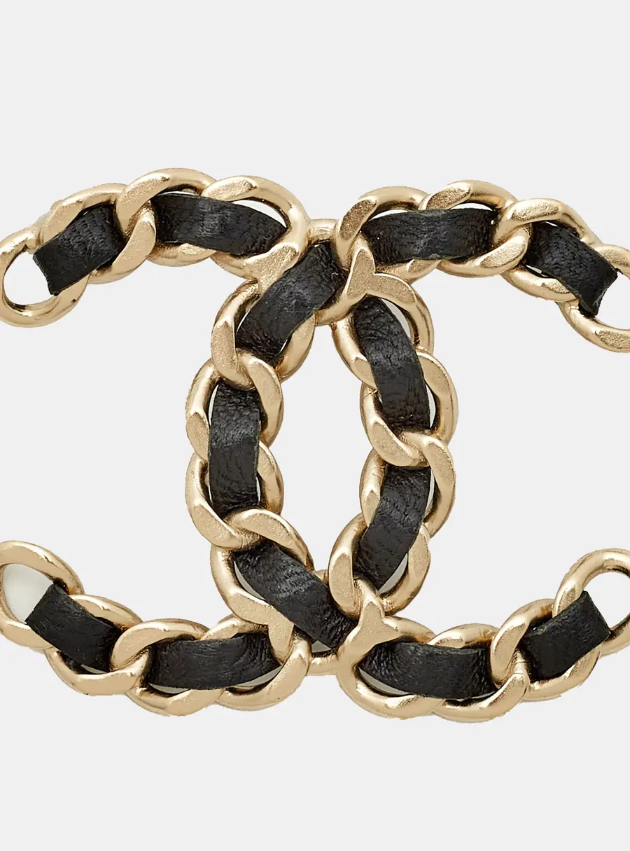 Chanel CC Interwoven Leather Gold Tone Brooch