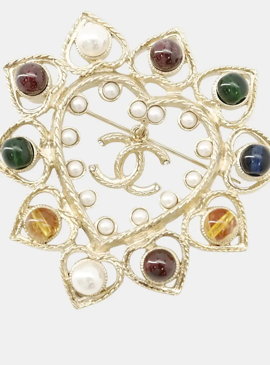 Chanel Cc Logo Color Stone Brooch Champagne Gold Gold Plated Rhinestone Faux Pearl Color Stone