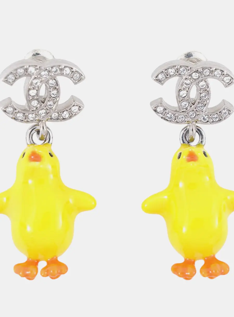 Chanel Cc Logo Chick Motif Earrings Silver/Yellow Gold Plated Resin Rhinestone