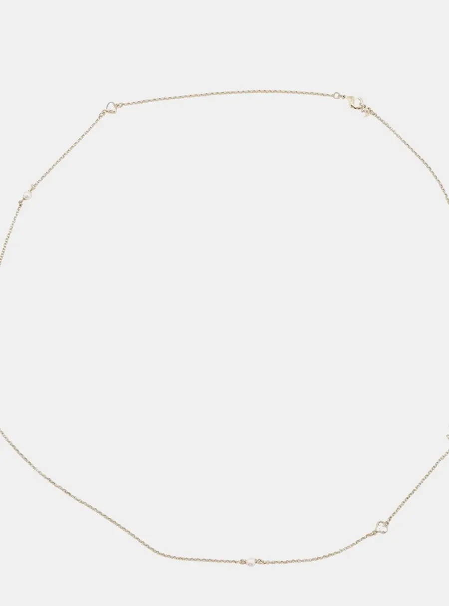 Chanel CC Logo Rhinestone Faux Pearl Long Necklace Champagne Gold Metal