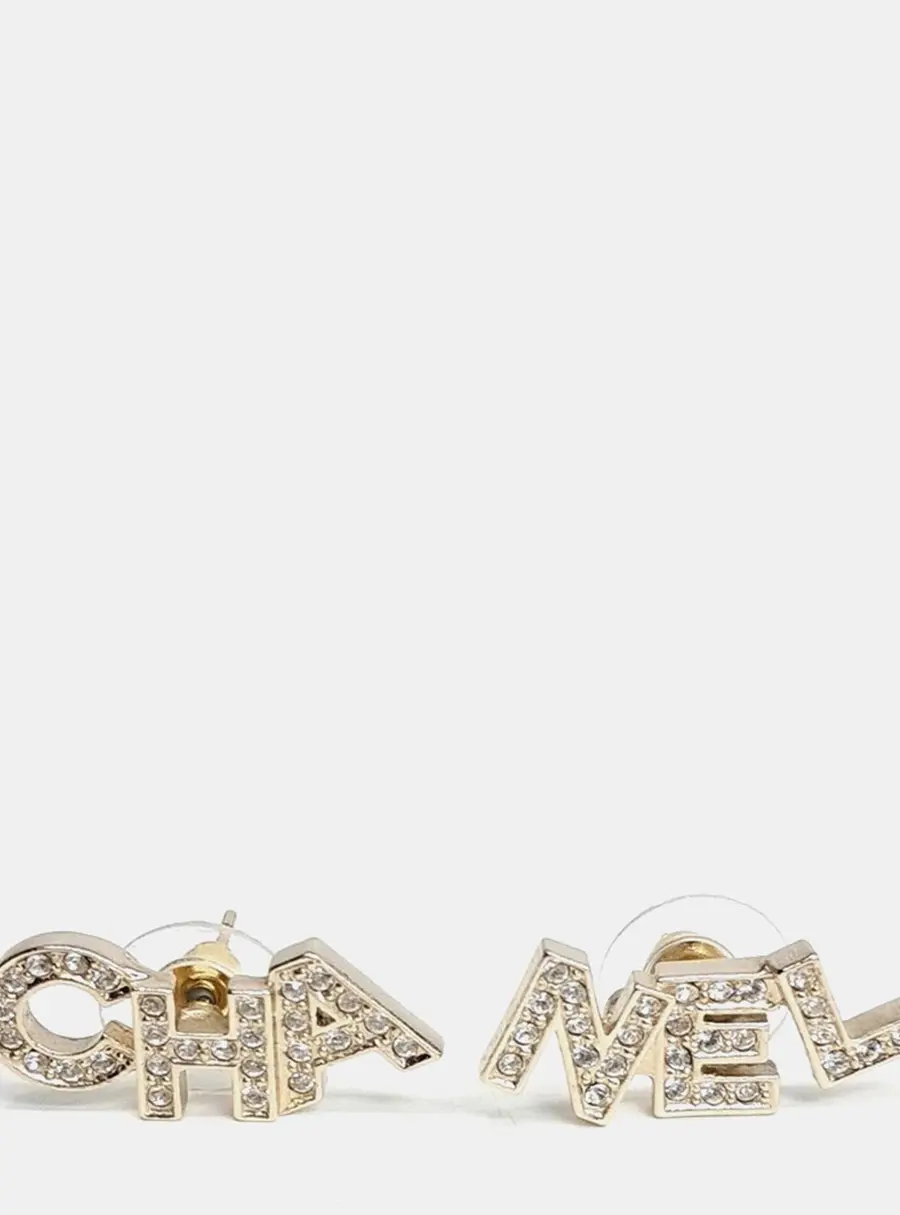 Chanel Logo Letter Studs Gold Crystals Earrings