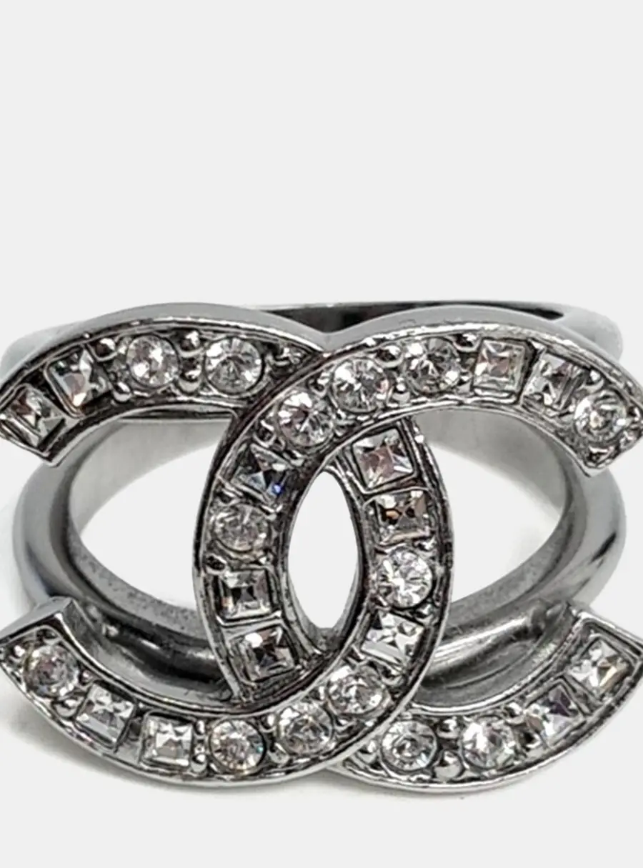 Chanel CC Logo Silver Crystals Ring