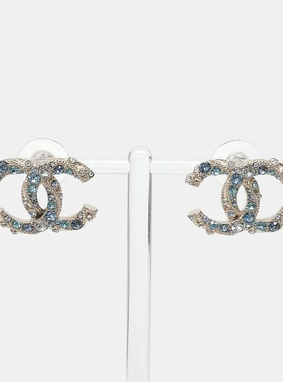 Chanel CC Silver/Blue Gold Tone Earrings AB1221