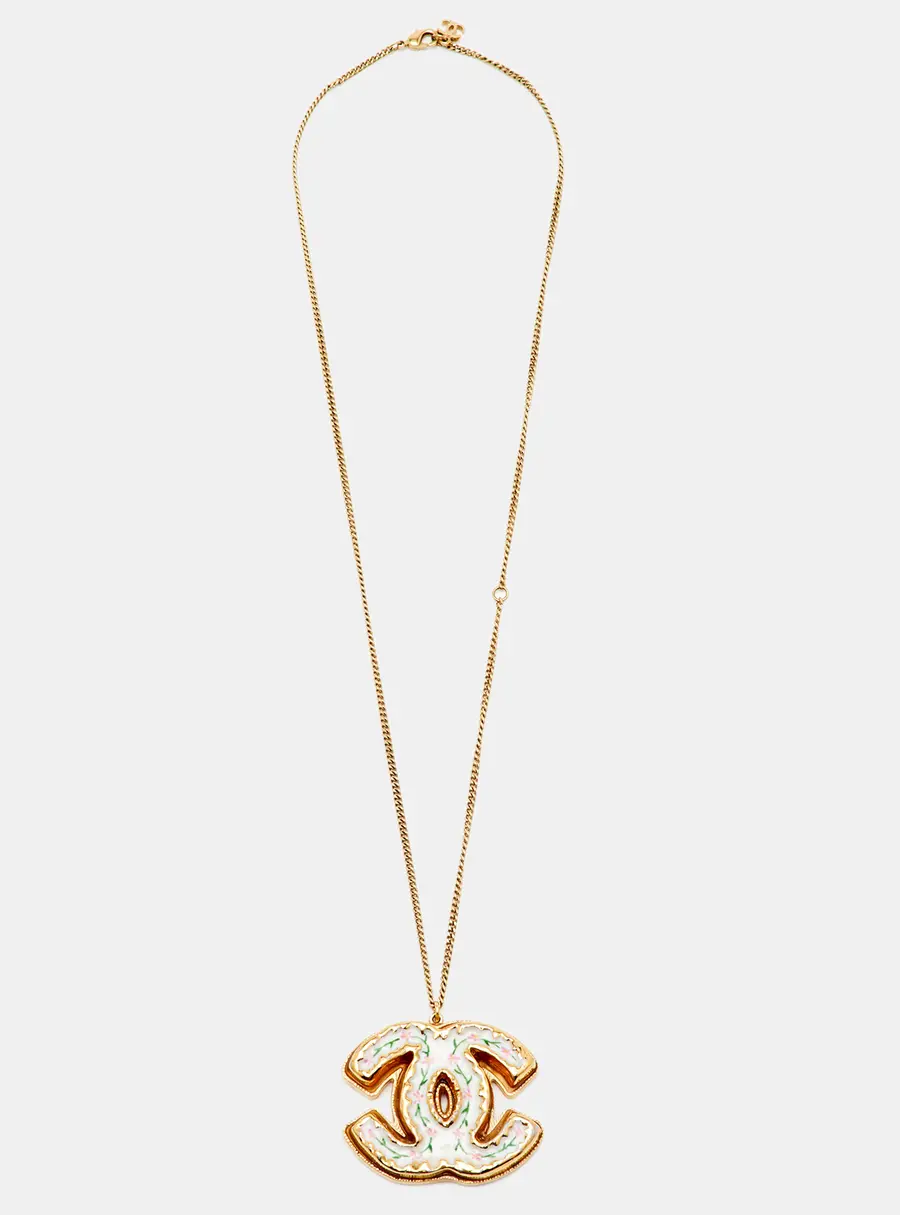Chanel CC Floral Enamel Gold Tone Necklace