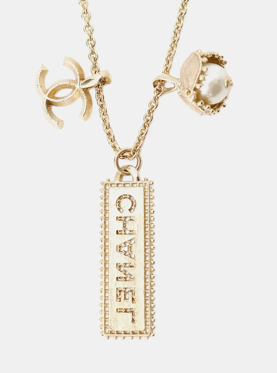 Chanel Cc Logo Rhinestone Faux Pearl Necklace Champagne Gold Gold Plated Rhinestone Faux Pearl