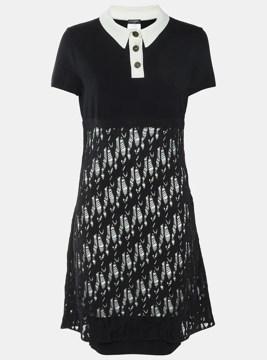 Chanel Black Cotton Distressed Knit Overlay Polo Dress M
