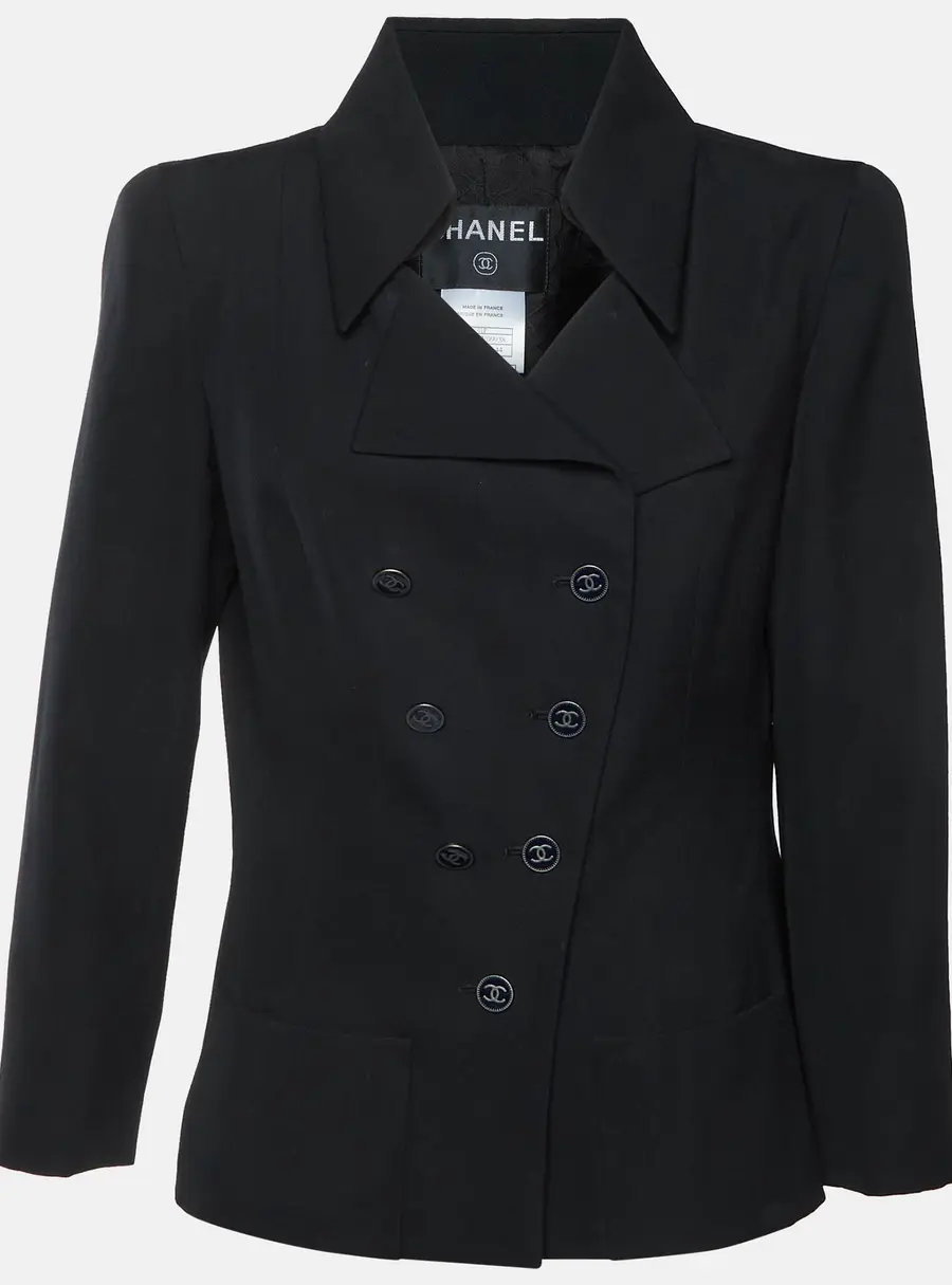 Chanel Black Wool Double Breasted Tailored Blazer L