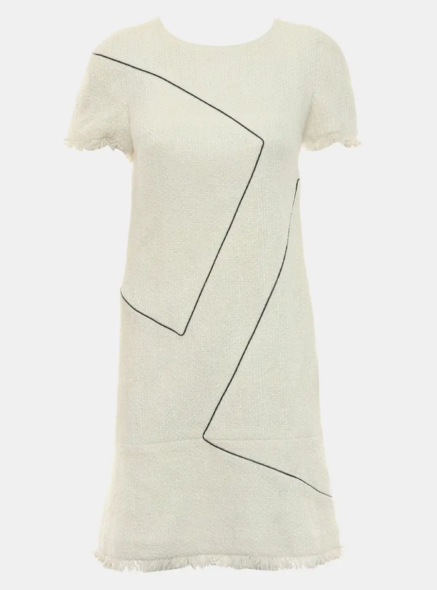 Chanel Geometric Off White/Black Tweed Dress Size S