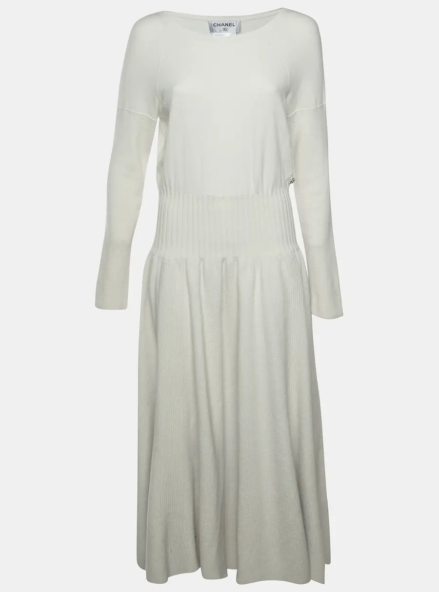 Chanel Cream Ribbed Knit Long Sleeves Midi Dress M